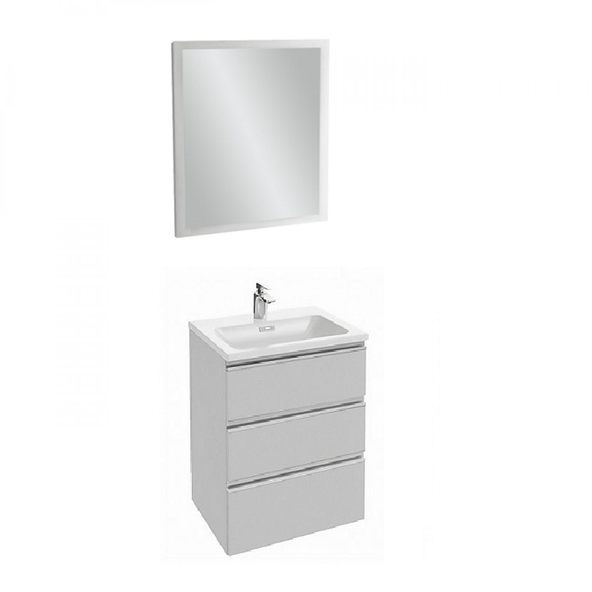 Комплект мебели 60 см Jacob Delafon Vox с раковиной EXAF112-Z-00, тумбой EB2050-RA-N18, зеркалом EB1440-NF, белый блестящий