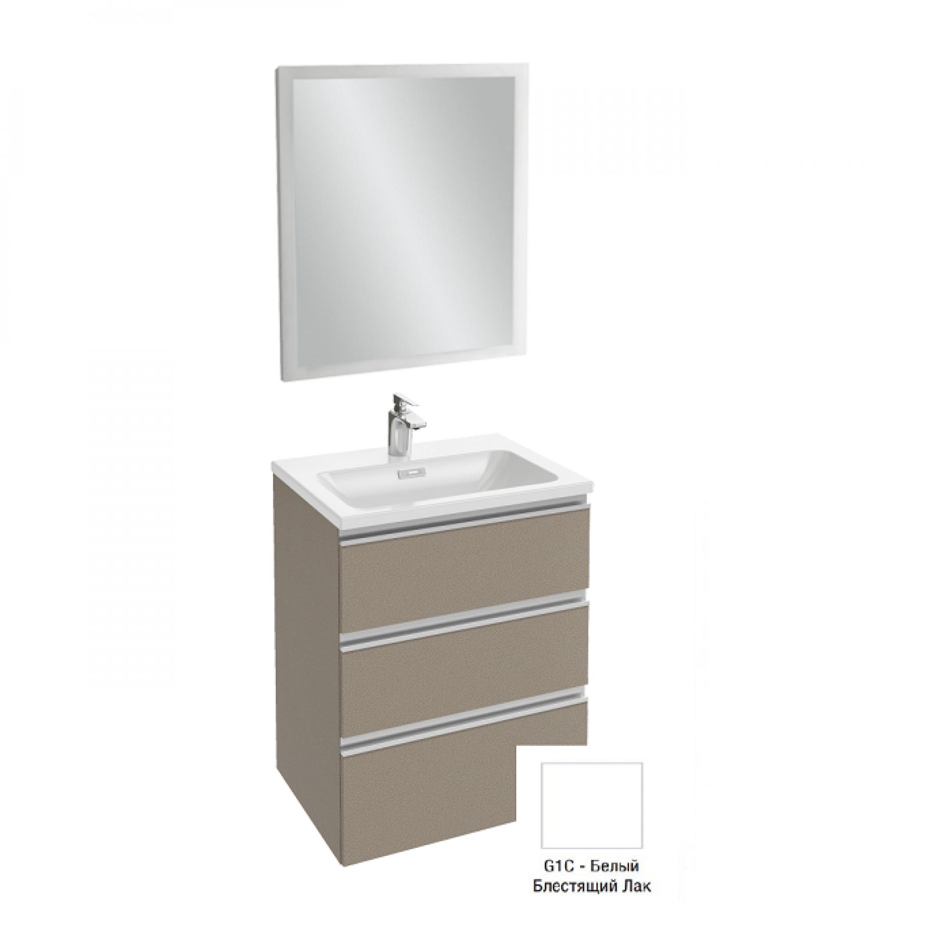 Комплект мебели 60 см Jacob Delafon Vox с раковиной EXAF112-Z-00, тумбой EB2050-RA-G1C, зеркалом EB1440-NF, белый блестящий лак